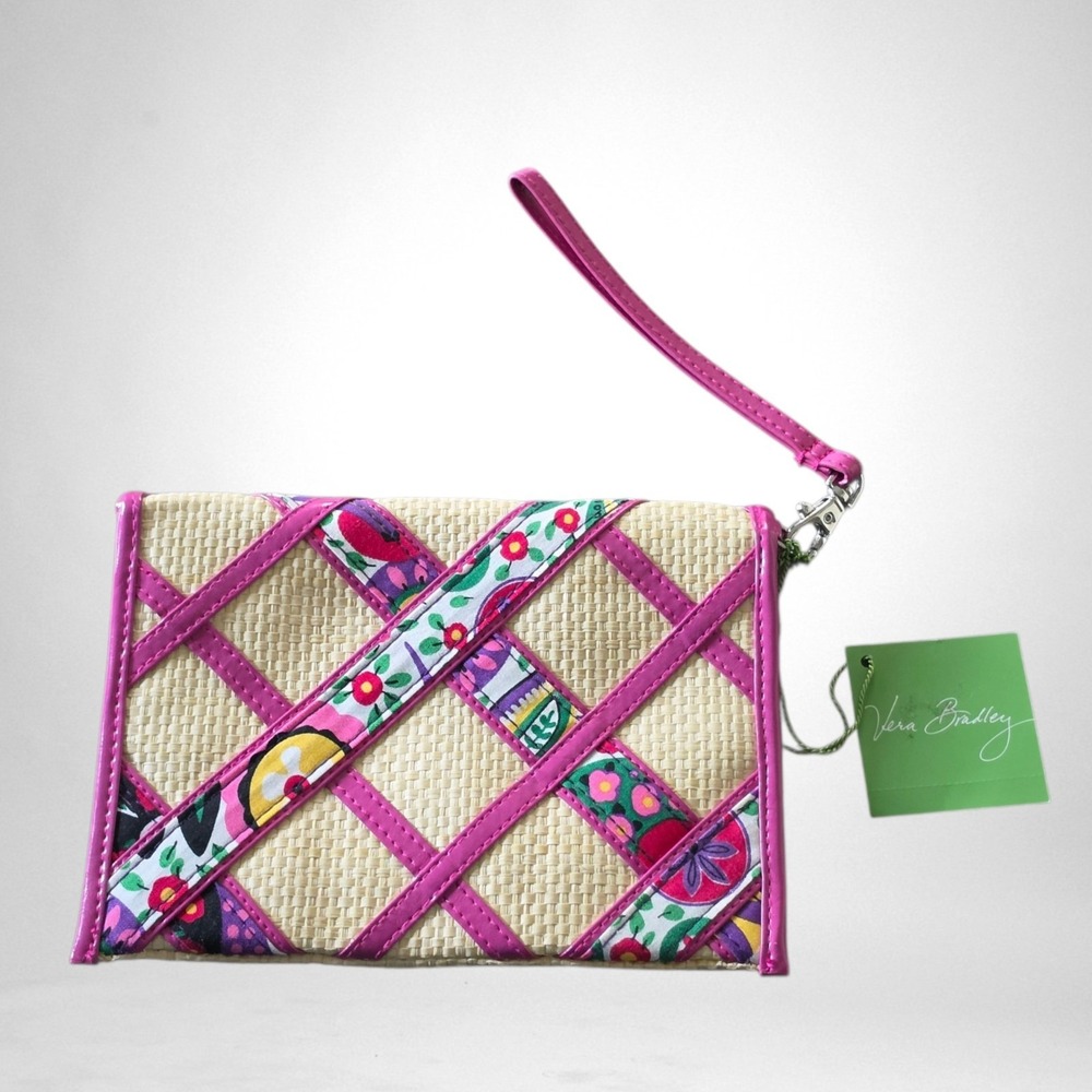NWT Vera Bradley Viva La Vera Envelope Wristlet Natural Straw Pink Patent Clutch